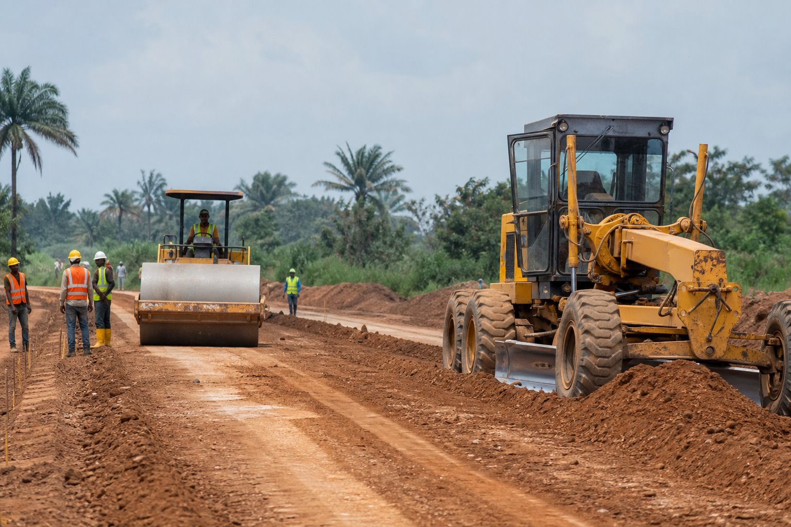 Road construction equipment and Nigerian workers